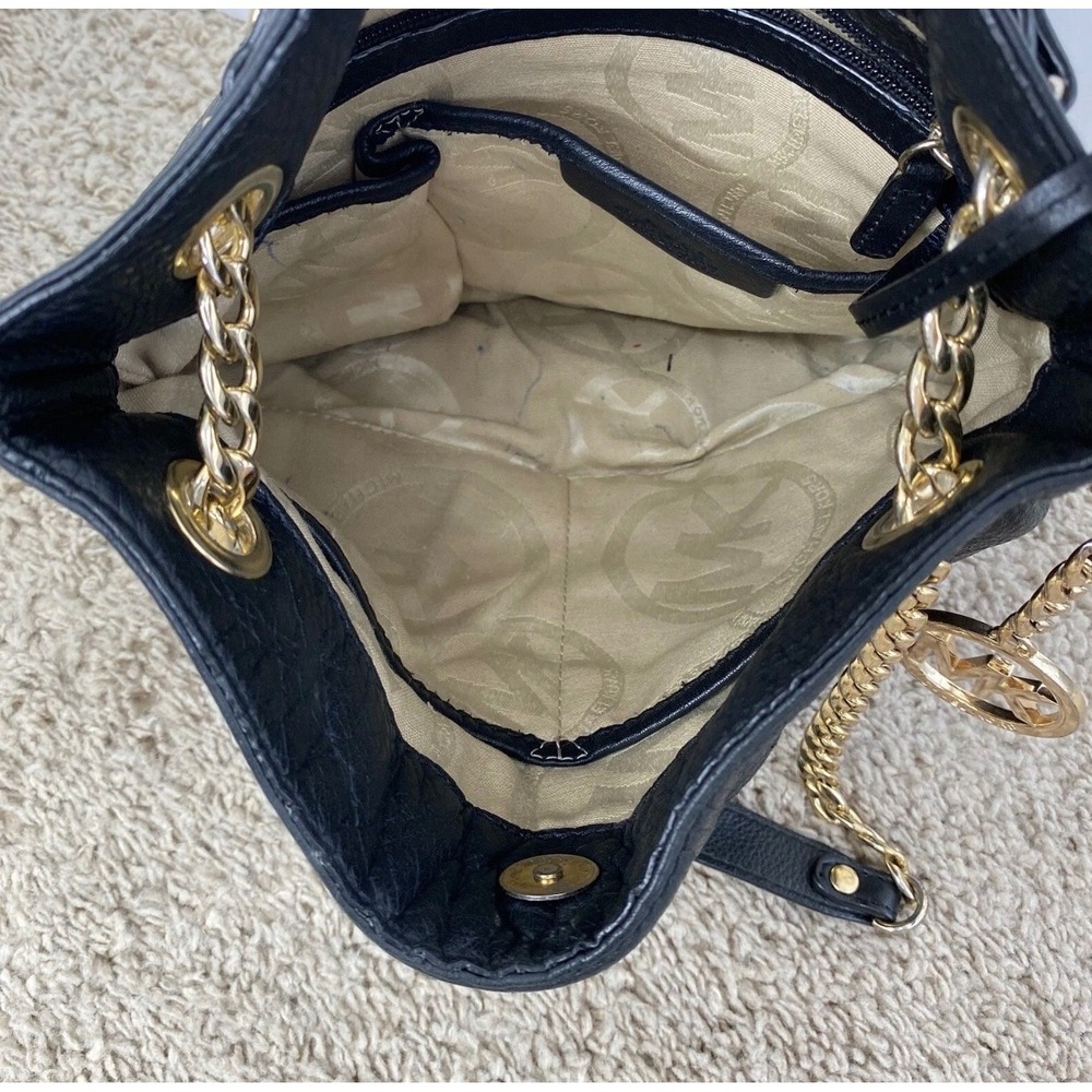 Michael Kors Shoulder Bag Black Leather Slouchy Chain MK Charm Gold Tone Purse - Picture 9 of 12